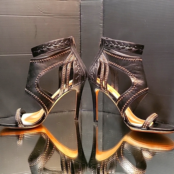 VIA Spiga ,black leather ,caged with gold studs , 37.5 . - Picture 2 of 11